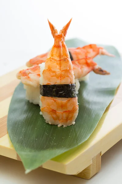 Garnalen stukken nigiri sushi op houten plaat — Stockfoto