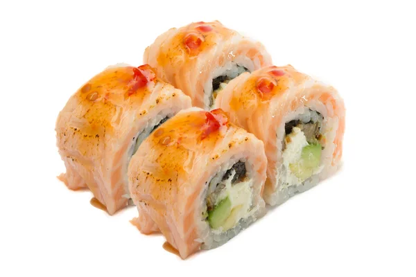 三文鱼寿司卷上孤立的白色背景 — 图库照片
