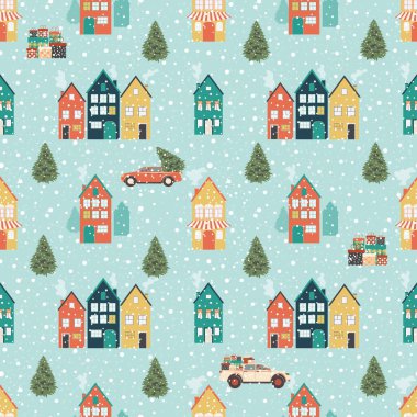 Kış şehri konsepti. Moda kumaşları, dekoratif yastıklar ve paket kağıtları için mavi arka planı olan kusursuz bir Noel deseni..