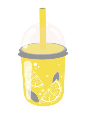 Beyaz arka planda izole edilmiş taze limon dilimleri olan bir bardakta limonata. 2021 'in trend renkleri sarı ve gri. 