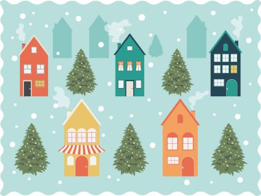 Mavi arka planda Winter City yazan bir kartpostal. Çok renkli şirin evler ve Noel ağaçları. 