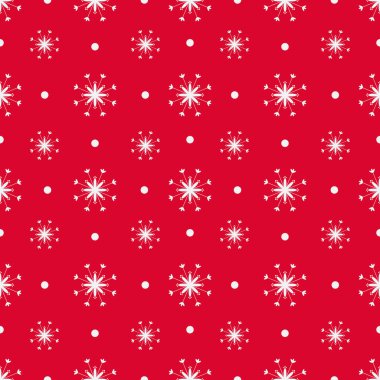 Kırmızı zemin üzerinde beyaz kar taneleri. Kumaşlar, dekoratif yastıklar, moda tekstil ürünleri, ambalaj kağıtları için kusursuz şenlik düzeni.. 