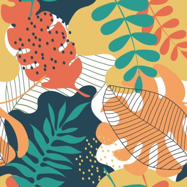 Tropik yapraklar pürüzsüz. Dekoratif yastıklar, modaya uygun kumaşlar ve iç tasarım için güzel bir kompozisyon.. 