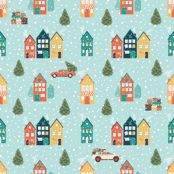 Winter Stadsgezicht Concept Naadloos Kerstpatroon Met Een Blauwe Achtergrond Voor — Stockfoto