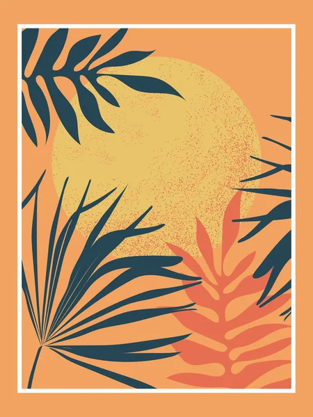 Silhouettes Tropical Palm Leaves Sunset Cute Decorative Composition Warm Orange — Stock Photo, Image