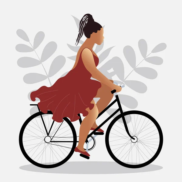 Rüzgarda Çırpınan Elbiseli Çekici Bir Kadın Bisiklete Biniyor Mutlu Sağlıklı — Stok fotoğraf