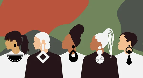 Women of different nationalities with large earrings. Modern fashion accessories on sisters. Feminine power.