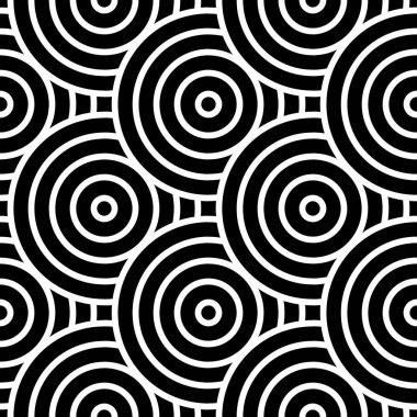 Siyah ve beyazla sarmalanmış soyut geometrik çemberler. Moda kumaşları, dekoratif yastıklar, ambalaj kağıtları için kusursuz modern desen.