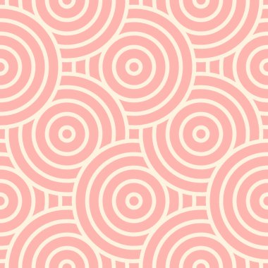 Çizgili geometrik pembe daireler. Moda kumaşları, dekoratif yastıklar, ambalaj kağıtları için kusursuz desen. 