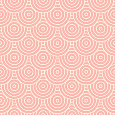 Çizgili geometrik pembe daireler. Moda kumaşları, dekoratif yastıklar, ambalaj kağıtları için kusursuz desen. 