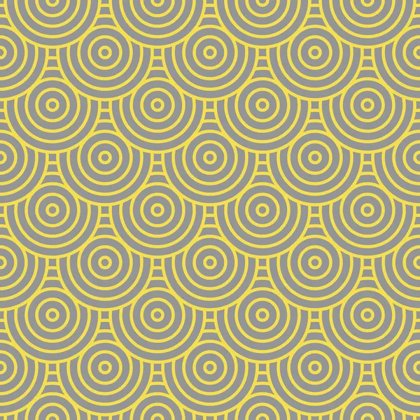 2021 'in trend renkleriyle çizili dairelerden gelen geometrik sevimli dalgalar, sarı ve gri. Moda kumaşları, dekoratif yastıklar ve ambalaj kağıtları için kusursuz desenler.. 