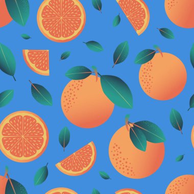 Mavi arka planda yaprakları olan olgun tropikal portakallar. Modern tekstil ve kağıt ürünleri için kusursuz desen. 