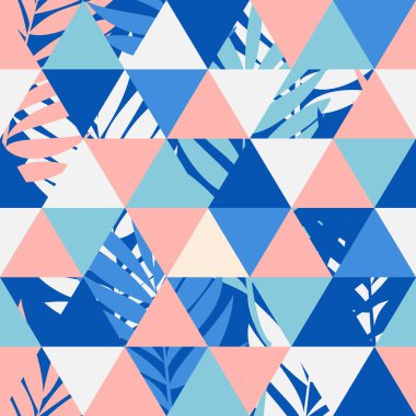 Palmiye yaprakları. Tekstil ve kağıt ürünleri için kusursuz modern soyut desen. Pembe ve mavi üçgenleme. 