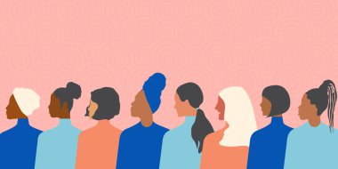 Farklı milletlerden ve dinlerden modern kadınlar birbirlerine destek olur ve eşit haklar için savaşırlar. Pembe arka planlı LGBT topluluk kavramına sahip kartpostal. 