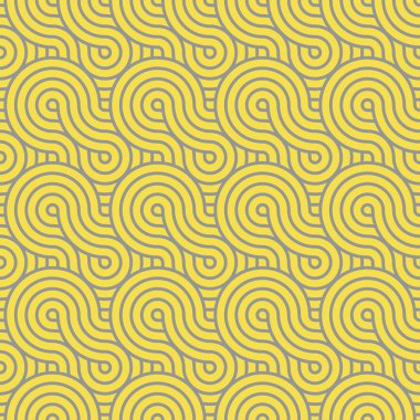 Rengi 2021 sarı ve gri olan soyut moda dalgaları iç içe geçer. Şık kumaşlar, dekoratif yastıklar, ambalaj kağıtları için kusursuz modern desen.. 