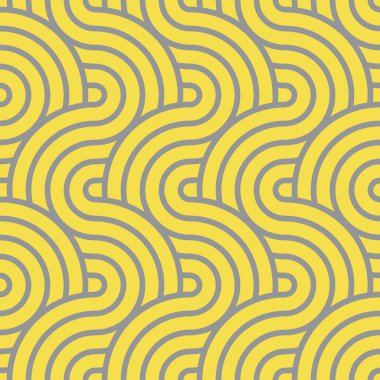 Rengi 2021 sarı ve gri olan soyut moda dalgaları iç içe geçer. Şık kumaşlar, dekoratif yastıklar, ambalaj kağıtları için kusursuz modern desen.. 