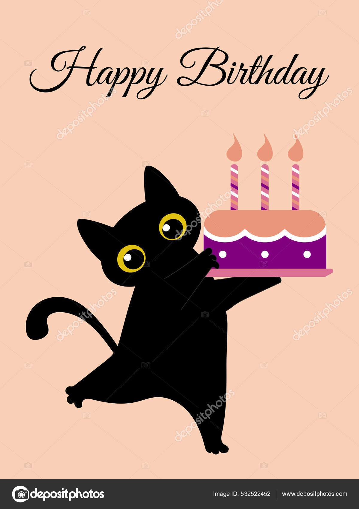 Feliz Cumpleaños Tarjeta Felicitación Negro Lindo Gato Felicita Con Pastel  Ilustración de stock #532522452 de ©Sagittarius_13, image size:1200x1700