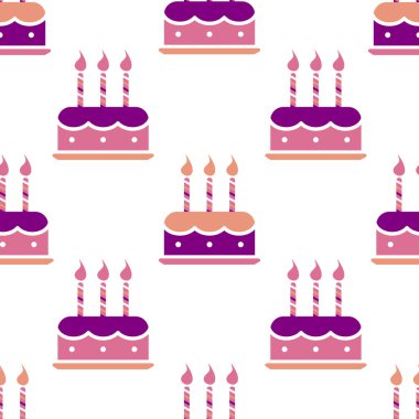 Mumlu doğum günü pastası. Modern tekstil ürünleri ve kağıt ürünleri için tatlı ve kusursuz bir desen. Moda olan üç renk mor, pembe ve mercan.. 