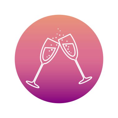 İki bardak köpüklü içecek, beyaz çizgili ve eğimli bir daire şeklinde. Festive linear bardaklar yüksek sesle tokuşturur, şampanya sıçratır.. 