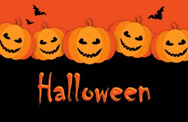 Cadılar Bayramı. Turuncu ve siyah renkli gülümseyen balkabaklı modern poster.. 