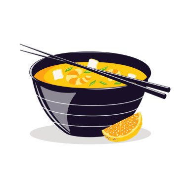 Limon dilimli bir tabakta Miso çorbası ve beyaz arka planda izole edilmiş çubuklar. Kafe ya da restoran menüsü için geleneksel Japon yemeği. Koyu mor ve sarı renkli tasarım. 