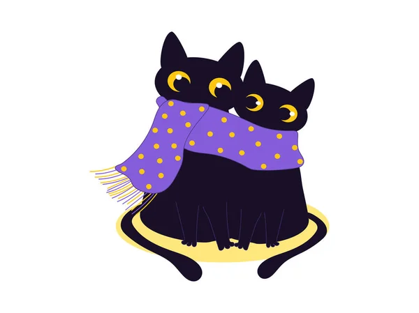 暗い猫が一緒に座って フラットスタイルの白い背景に水玉に黄色のドットで紫色のスカーフでバック かわいいホリデーグリーティングカードのテンプレート — ストック写真