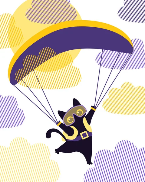 Mörk Söt Katt Glasögon Flyger Paraglider Bland Molnen Himlen Idrottaren — Stockfoto