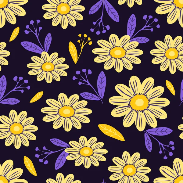 野生のカモミールの花 濃い紫色の背景に可愛い黄色の花を持つシームレスな夏のパターン 織物及び紙製品の場合 — ストック写真