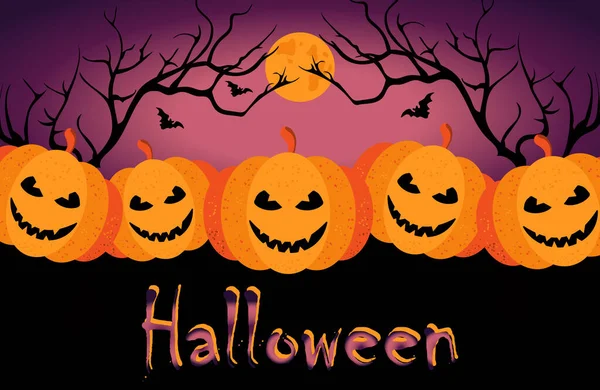 Cadılar Bayramı. Korkunç gülümseyen balkabaklarıyla şenlikli bir poster. Ay, gece şehri aydınlatır. - Ne? Yarasalar ağaçların yanında gökyüzünde uçar.. 