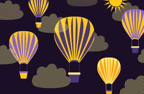 Beautiful Multicolored Balloons Night Sky Yellow Clouds Modern Horizontal Poster — Stock Photo, Image