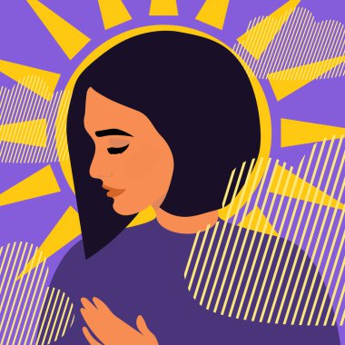 Kısa saçlı bir kadın sarı bulutların içinde hafiflik ve huzur hisseder ve güneşin sıcacık ışığını yayar. Psikolojik sağlık ve saf düşünceler kavramı. Düz dizayn posteri. 