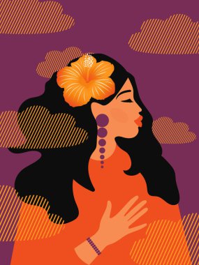 Düşünen, rahat, mutlu ve uzun siyah saçlı hayalperest bir kadın. Akıl sağlığı konsepti. Düz stil mor ve turuncu. 