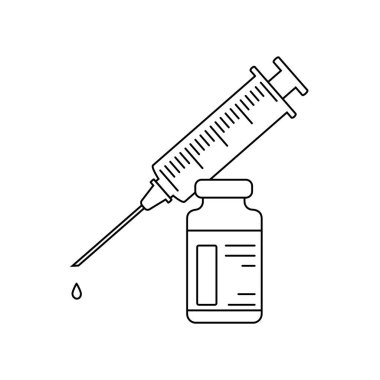 Aşı doğrusal simgesi. Şişeli şırınga. Enjeksiyonla bağışıklık. İlaçlar ve eczane. Siyah ana hat sembolü. Renklendirmeye uygun.