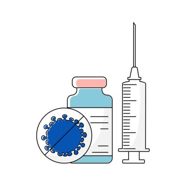 Şişeli şırınga. Coronavirus aşı ikonları. Enjeksiyonla bağışıklık. Grip virüsleri için önlemler. İlaçlar ve eczane. 