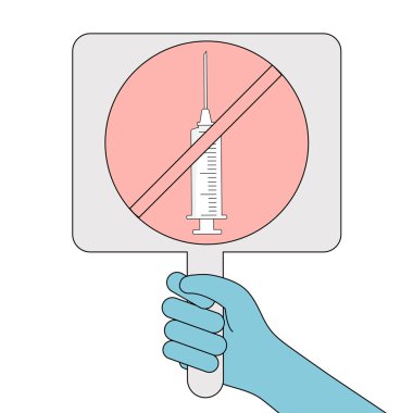 Elinde, eylemci aşıyı protesto eden bir poster tutuyor. Covid-19 koronavirüs enjeksiyonları ve grip enjeksiyonlarına karşı bir gösteri. Modern bir düz stil çizimi.