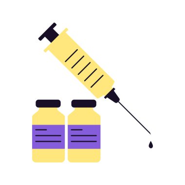 Virüs hastalıklarının aşıyla tedavi edilmesi. Beyaz arka planda iki doz ve bir şırınga izole edilmiş. Modern düz stil mor ve sarı renklerde. Eczane ve sağlık hizmetleri. 