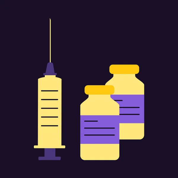 バイアルと注射器の2回の用量 紫と黄色の近代的なフラットポスター 薬局と医療施設 注射によるウイルス性疾患の治療 — ストック写真