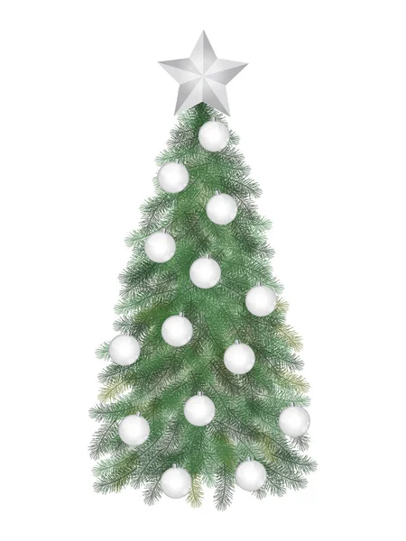 Πράσινο Χριστουγεννιάτικο Δέντρο Ασημένιες Μπάλες Και Αστέρι Πανηγύρι Διακοσμημένο Και — Φωτογραφία Αρχείου