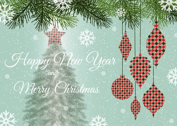 Checkered Toys Christmas Tree Starry Postcard Happy New Year Merry — Stock Photo, Image