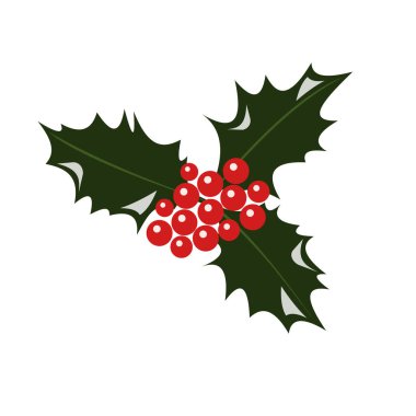 Beyaz arka planda yeşil yapraklı kırmızı çoban üzümleri. Kartpostalları düz bir şekilde süslemek için Noel bitkisi. 