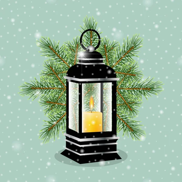 Modern Lámpa Kék Háttérrel Égő Sárga Gyertyákkal Aranyos Karácsonyi Üdvözlőlap — Stock Fotó