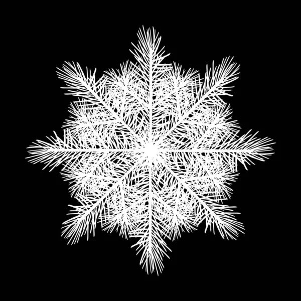 かわいい抽象的な雪の結晶は クリスマスツリーの針葉樹の枝で作成されます 黒の背景に白い雪のフレークシルエット 凍った水が模様を描く — ストック写真