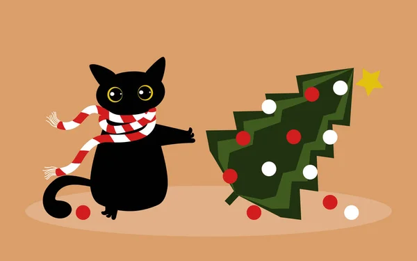 Gato Negro Travieso Divertido Dejó Caer Árbol Navidad Con Bolas —  Fotos de Stock