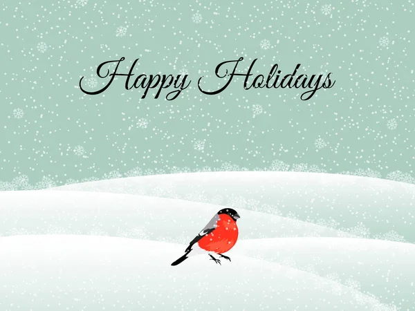 Happy Holidays Snow Falls Forms Snowdrifts Which Bullfinch Bird Sits — Stock Photo, Image