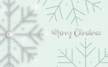 Mavi karlı arka planda kar tanesi gibi parlak gümüş metaller. Şenlikli Noel afişi. Mutlu Yıllar kartları için modern illüstrasyon.