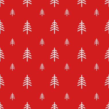 Kırmızı arka planda beyaz Noel ağaçları. Tekstil ürünleri ve ambalaj kağıtları için Noel şenlikli kusursuz desen. 