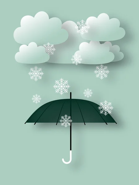 Clouds Snowflakes Green Umbrella Paper Cut Style Snowfall Weather Forecast — 图库照片