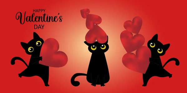 Valentine Day Greeting Card Black Cute Cat Holding Voluminous Red — Stock Photo, Image