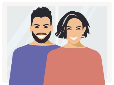 Dünya Gülme Günü. Siyah kısa saçlı neşeli çift gülüyor ve mutlu oluyor, neşe saçıyor ve zihinsel olarak iyi. Düz stil poster tasarımı. Erkek ve kadın birlikte.. 