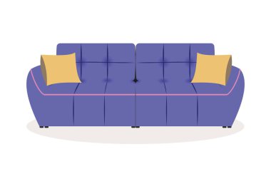 Mor, modaya uygun, yumuşak ve rahat kanepe. Beyaz arka planda, dekoratif sarı yastıklar var. İç tasarım için modern mobilya. 